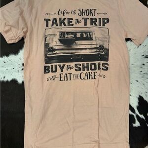Bella Canvas Peach Graphic Tee - 'Take the Trip' Vintage Car Print